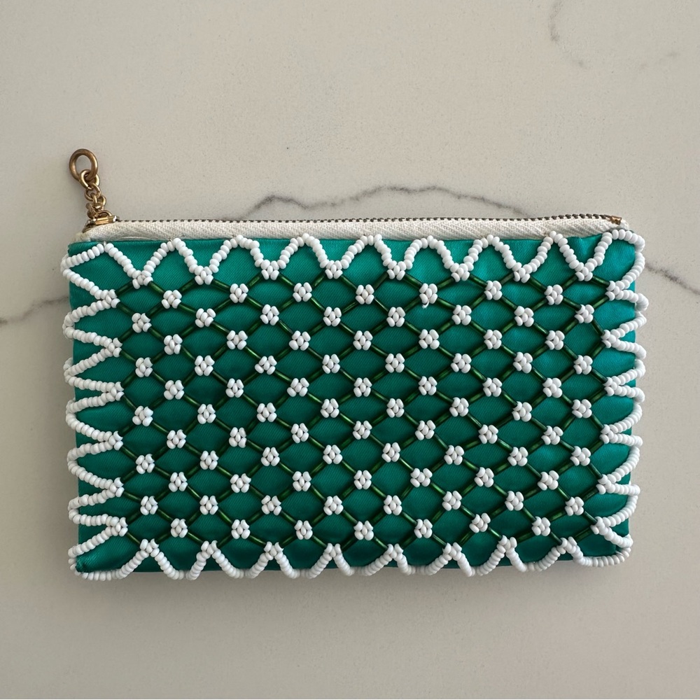 Vintage 1950s Green Silk Small Beaded Satin Pouch Emerald Green and White. 5.5"l